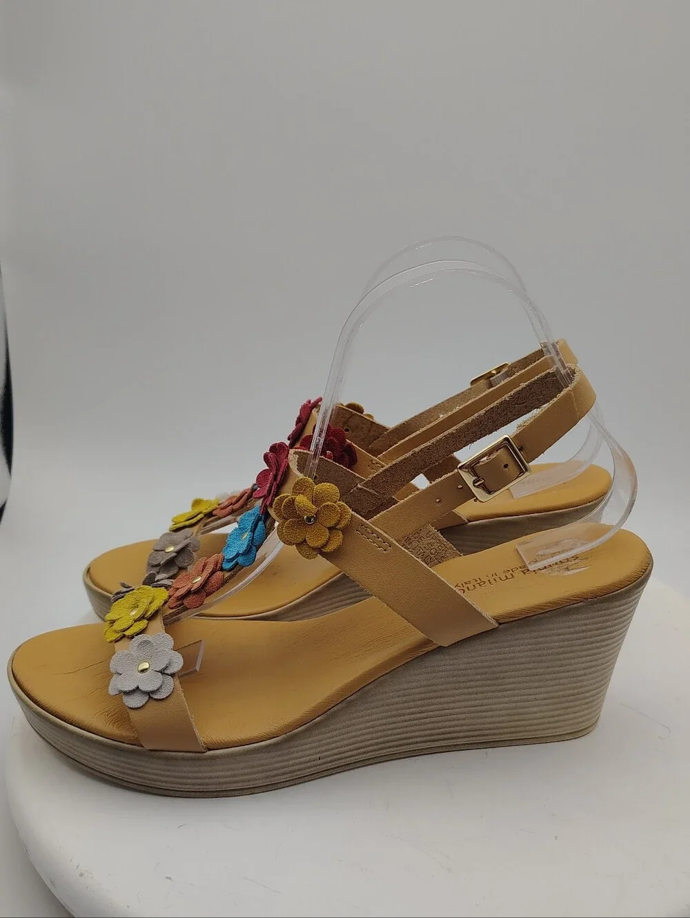 Sophia Milano Made In Italy Wedge Sandals with Floral Leather Accents Size 9.5